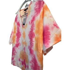 America & Beyond Polyester Top Small Pink Womens Tie Dye V Neck Short Sleeve New